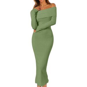 Merokeety Women's Green Off Shoulder Long Sleeve Elegant Bodycon Midi Dress